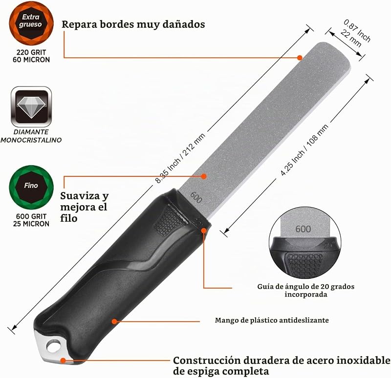 Pedra de afiar diamante 120N com grão duplo para afiar facas de caça, facas de exterior e ferramentas de jardim, 220/600 (Extra Grosso/Fino)