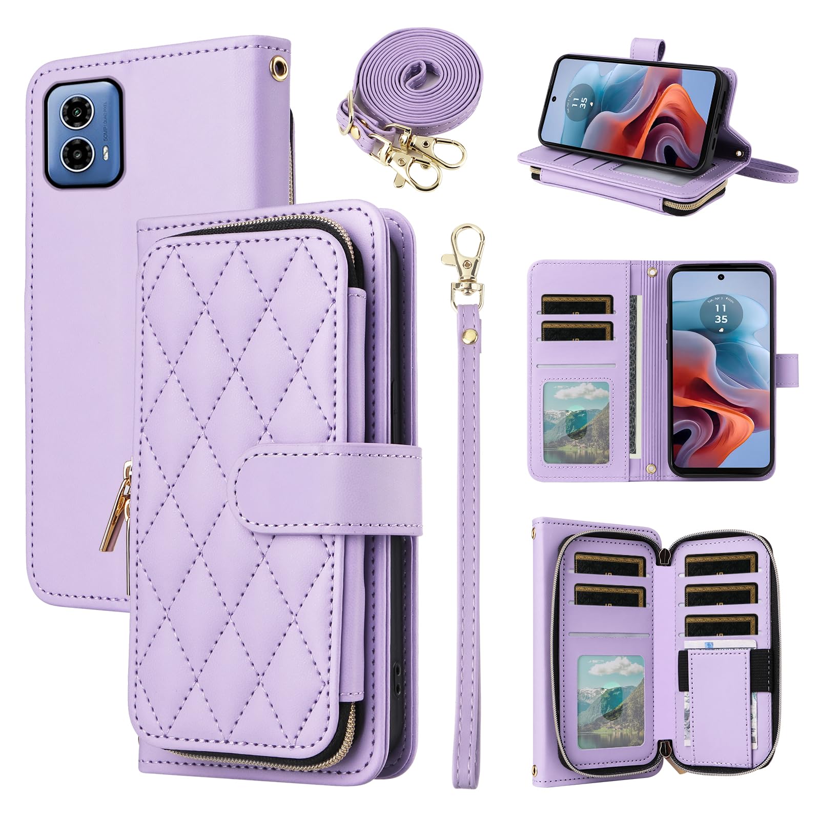 ELISORLI Wallet Case for Motorola Moto G34 5G with Detachable Wrist Strap Crossbody Shoulder Strap 9 Card Slots Zipper Purse Luxury PU Leather Stand Cell Phone Cover for MotoG34 G 34 Girls Purple