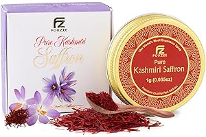 FOUZEE Pure Kashmiri Saffron Threads for Cooking, Spice, Spanish Foods. Finest Dark Red Saffron Delicious with Persian Rice, Tea, Golden Milk, Desserts, Rissoto. Saffron Pack 1g