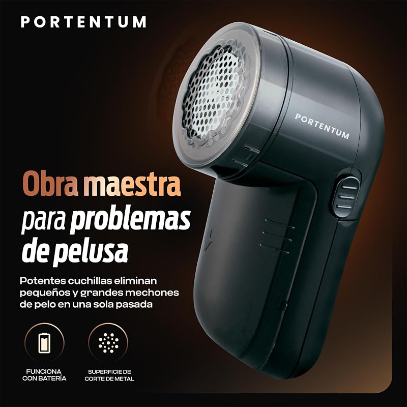 Removedor de fiapos elétrico portentum - removedor de pellets para roupas, lâminas de aço inoxidável. recipiente de fiapos removível. baterias incluídas. acessórios: escova de limpeza