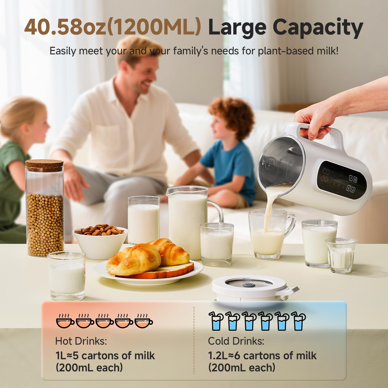 Máquina para hacer leche de nueces de 40 oz, máquina para hacer leche de nueces 10 en 1 para leche de almendras casera, leche de soja, avena y bebidas no lácteas, máquina para hacer leche de soja con 10 cuchillas, inicio retardado, mantener caliente, limpieza automática, ebullición