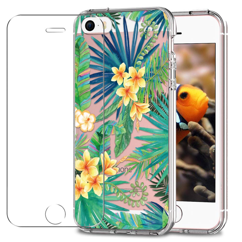 MadBee iPhone 5/ 5S/ SE Case + Tempered Glass Screen Protector, Colorful Pattern Printed Design Clear Soft Flexible TPU Protective Cover Case for Apple iPhone 5/ iPhone 5S/ iPhone SE (Leaf 1)