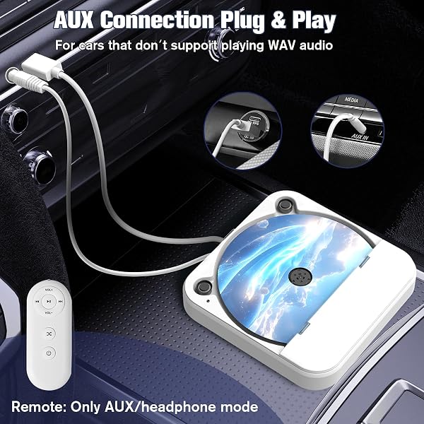 PORTABLE CD PLAYER FOR CAR WITH USB & AUX – UNIVERSAL EXTERNAL CD DRIVE WITH ANTI-SKIP, USB EXTENSION CABLE, PLUG & PLAY FOR VEHICLE, LAPTOP, TV – COMPATIBLE WITH ANDROID 4.4+