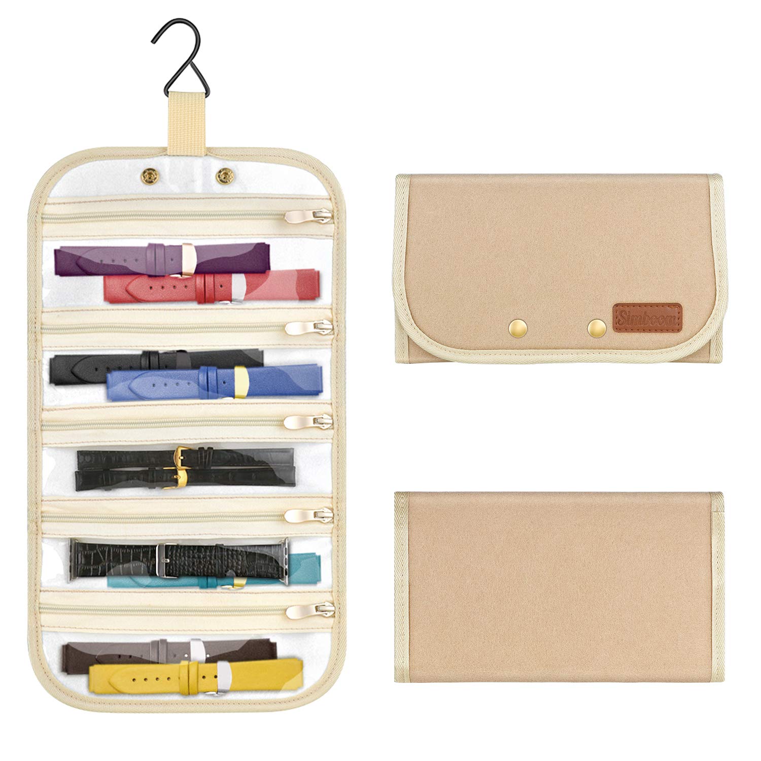 SIMBOOM Watch Band Organizer, Hanging Storage Bag Pouch for Travel, with 5 Pockets for Watch Straps, Watches and Accessories - Beige