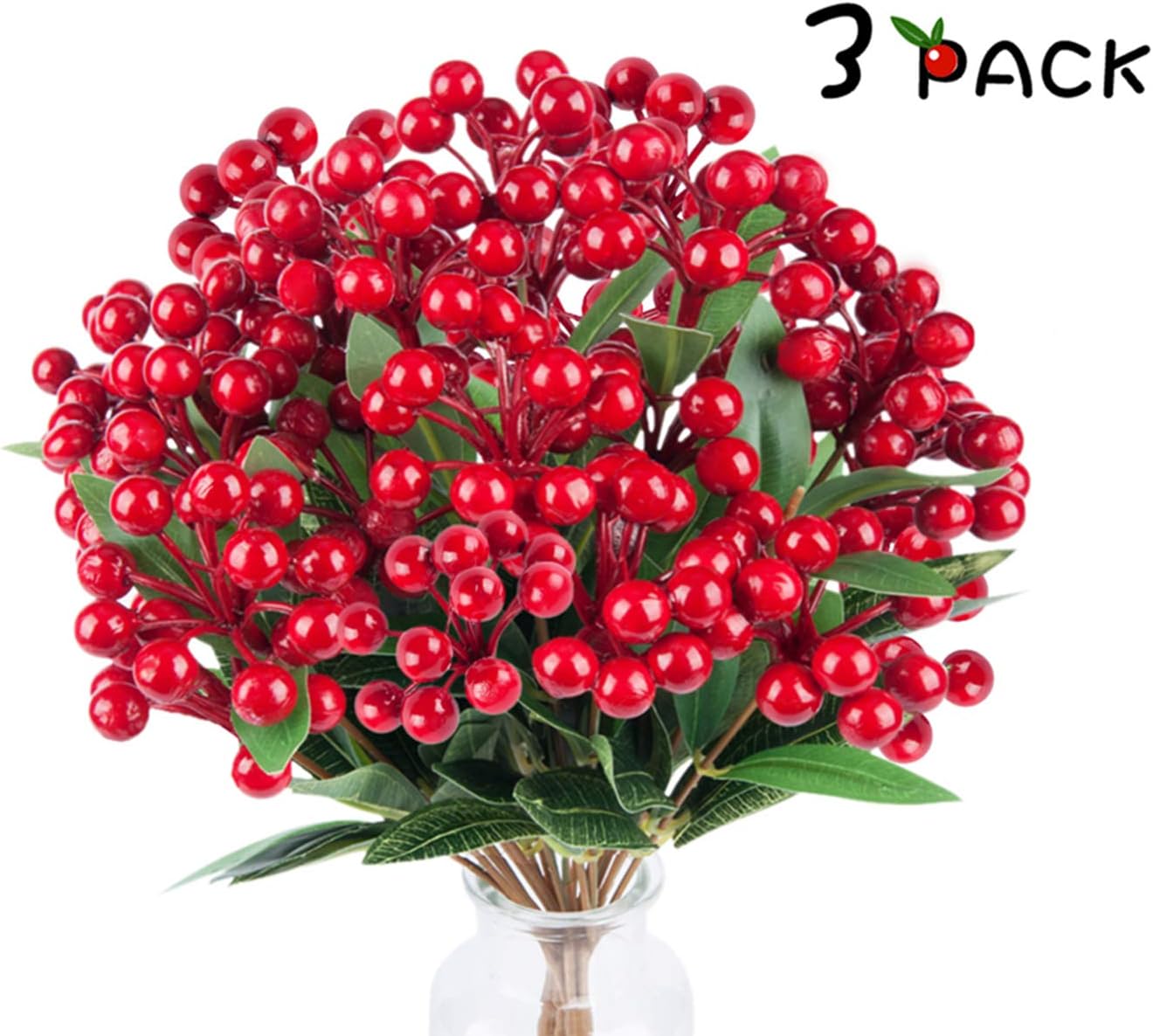 ROMAY Red Berries Artificial Berry Stems 3 Pack Holly Berries for Xmas and Home Decor, 12.5 Inches