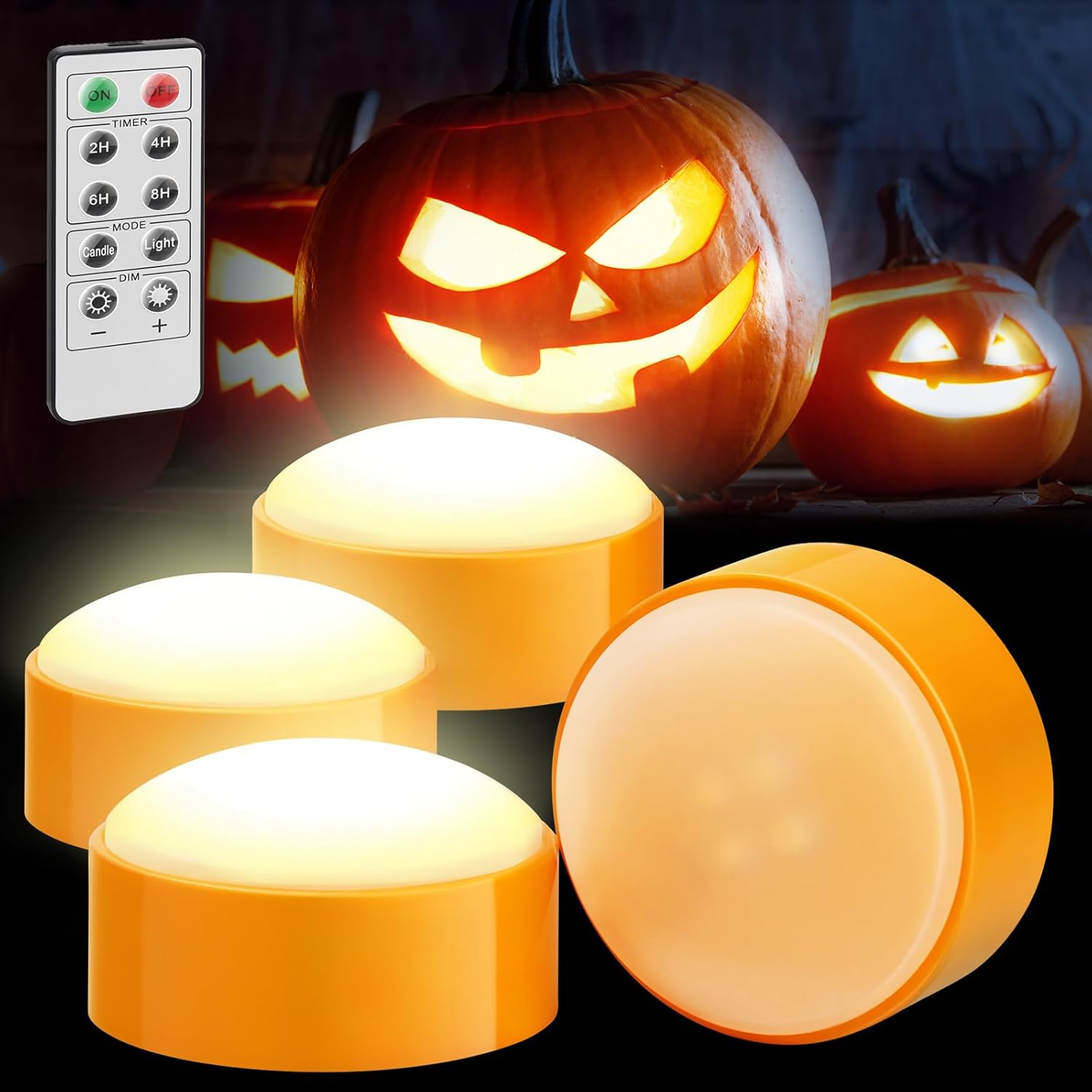 Lighting - [4-Pack] Halloween LED Pumpkin Lights with Remote and Timer, Battery Operated Orange Jack-O-Lantern Light for Halloween Decor, Flameless Candles for Pumpkin Decoration