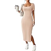 CFLONGE Casual Dresses for Women 2026 Summer Ribbed Short Sleeve Bodycon Maxi Dress Side Slit Knit Square Neck Long Sundress