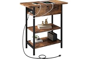 LIDYUK End Table with Charging Station, Flip Top Side Table with USB Ports and Outlets, Nightstand for Small Spaces, Bedside Tables with Storage Shelf for Living Room, Bedroom, Brown