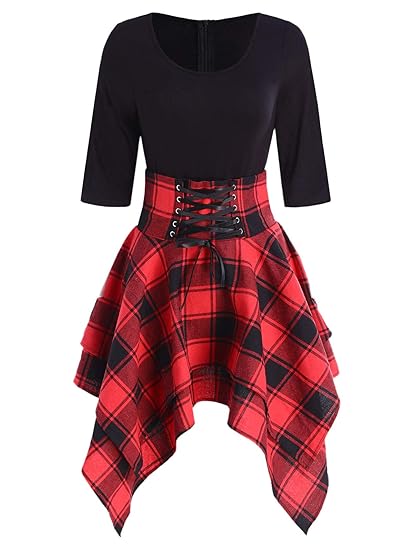 lace up plaid asymmetrical dress