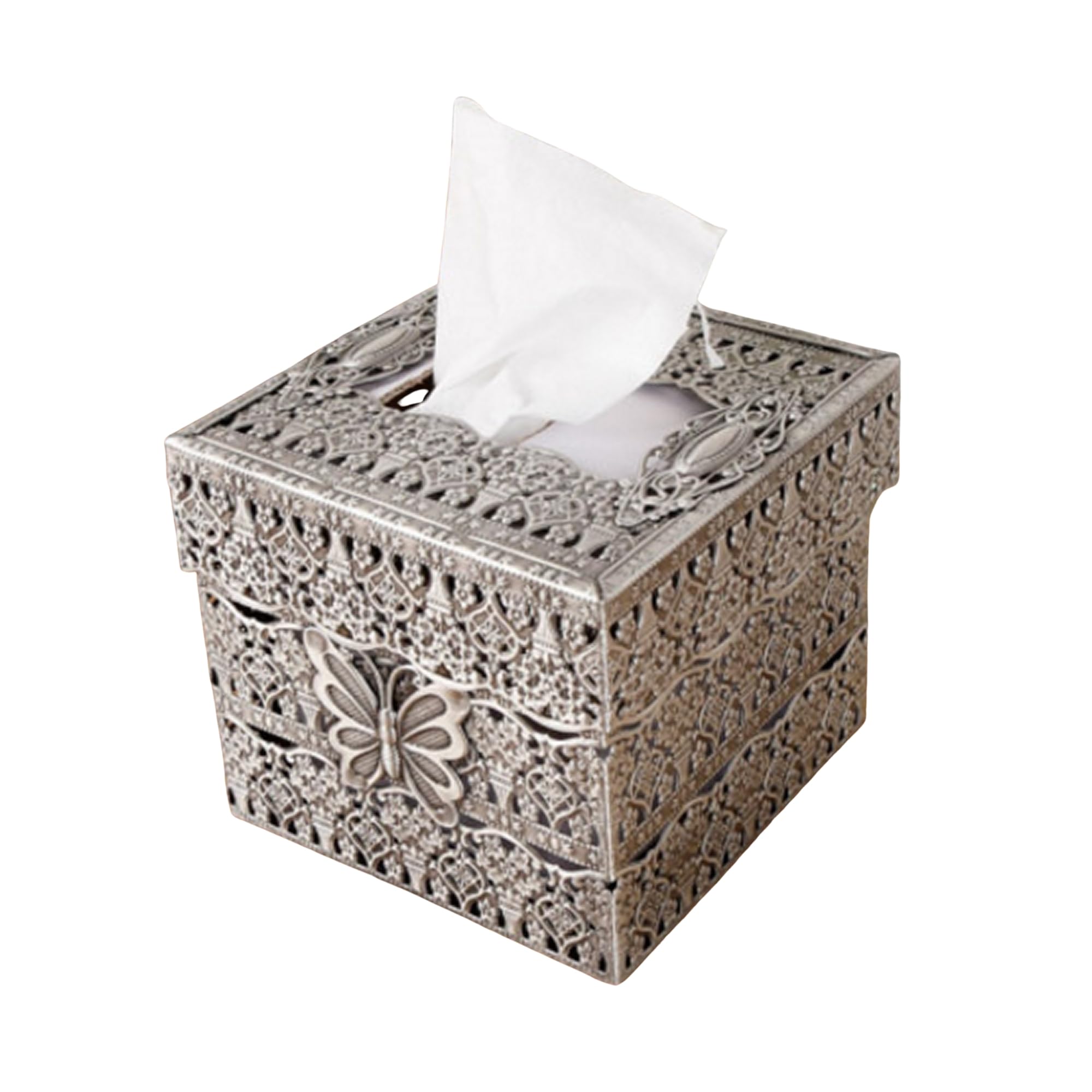 SEHAMANO Butterfly Designed Vintage Square Tissue Holder - Antique Decorative Metal Tissue Box Cover Handmade Decorative Tissue Dispenser (Tin (Matt Grey))
