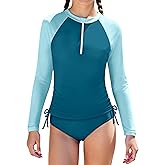 Oranchids Girls Rash Guard Swimsuit Long Sleeve Swimsuit Two Piece Color Block Ruched Bathing Suit Zip Girls' Swimwear 7-14Y