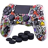 YoRHa Water Transfer Printing Camouflage Silicone Cover Skin Case for Sony PS4/slim/Pro dualshock 4 Controller x 1(Lovely Graffiti) with Pro Thumb Grips x 8