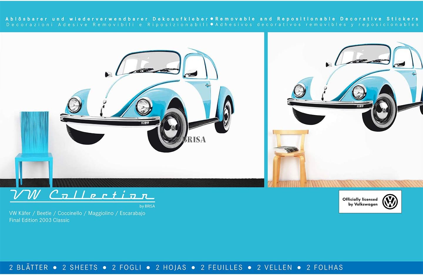 BRISA VW Collection Volkswagen Selfadhesive Wall Tattoo Sticker Decoration Poster with T1 Bus Campervan Design (Beetle/Blue) - Image 3