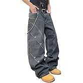 DFGIGT Mens Baggy Jeans Patchwork Y2k Hip Hop Wide Leg Denim Pants Casual Loose Fit Trousers Streetwear