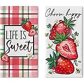 Croar Spring Summer Strawberry Kitchen Dish Towels Set of 2, Life is Sweet Red Fruit Bee Drying Hand Towels Baking Cooking Cloth, Choose Happy Plaid Farmhouse Home Kitchen Decoration 18 x 26 Inch