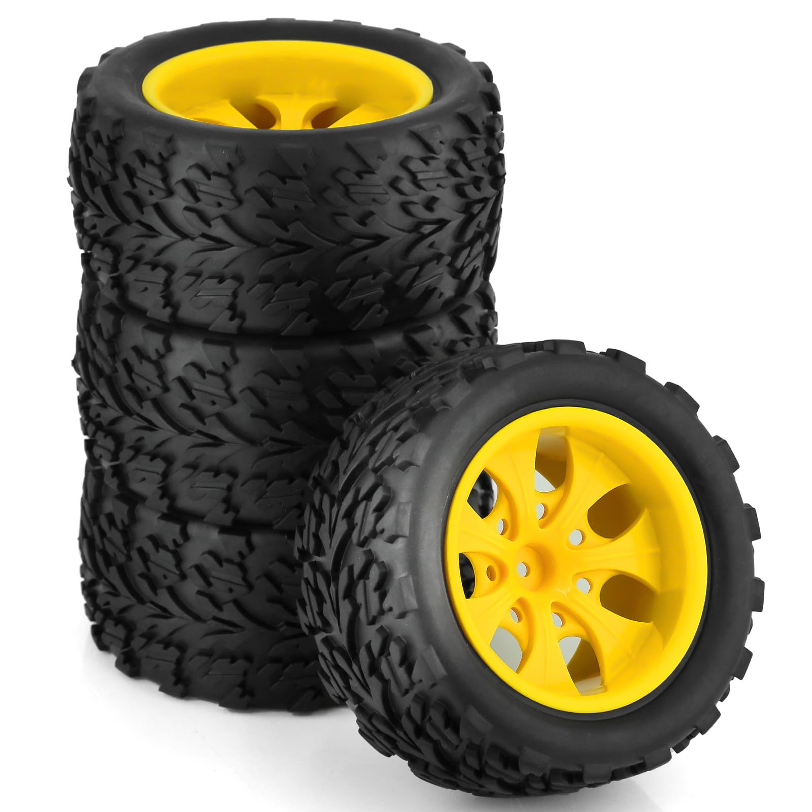 Photo 1 of Chanmoo 1/10 RC Monster Truck Tires And Hard Plastic Wheels 12mm Hex Off Road Truck Tyres For 1:10 Scale Short Course Truck Car Traxxas X-Maxx E-Revo Summit Kyosho 144001 HSP 94188 94111 4PCS (Yellow)