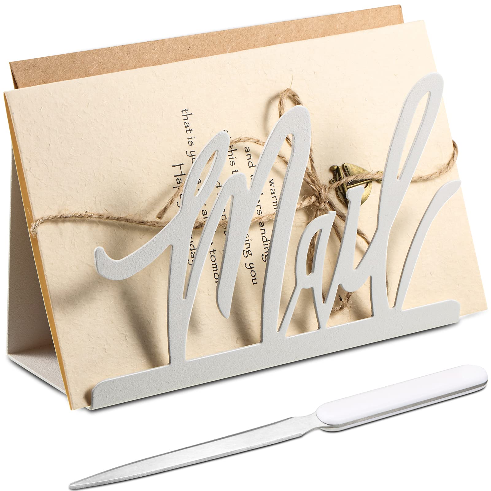 Mail Holder Cutout Metal Letter Holder Countertop Organizer Cutout Mail Lettering Design with Letter Opener for Home Office Envelope Bill Filling Paper Document Storage(White Artistic Font)