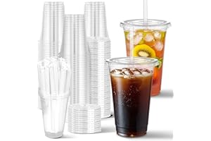 Charmount 100 Sets- 20 oz Clear Plastic Cups with Lids and Straws, Disposable To Go Cups for Cold Drinks, Coffee Bar Accessories, Iced Coffee, Smoothies
