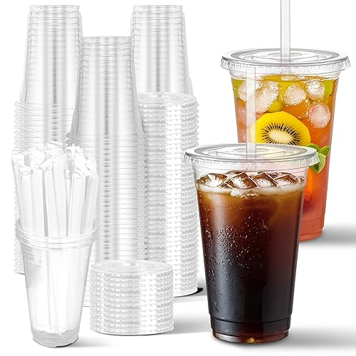 Charmount 100 Sets- 20 oz Clear Plastic Cups with Lids and Straws, Disposable To Go Cups for Cold Drinks, Coffee Bar Accessories, Iced Coffee, Smoothies