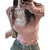 Fanvereka Women Lace Stitching V-Neck Fairy Crop Tops Y2K Long Sleeve Tight Shirt Spring Fall Downtown Girl Coquette Clothing