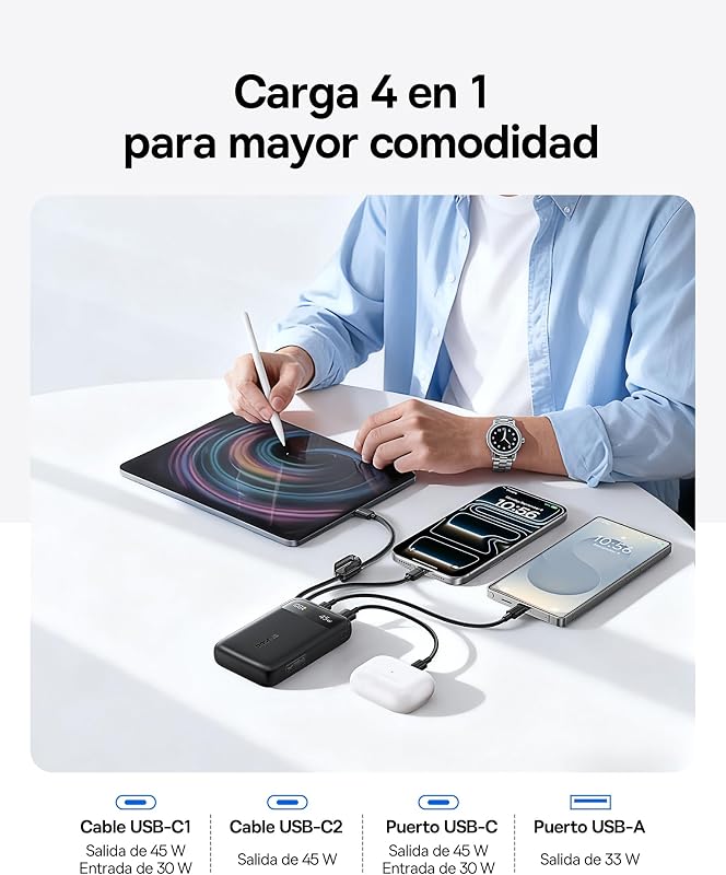 FC11 Powerbank 45W 20000mAh com 2 cabos USB-C integrados, bateria externa de carregamento rápido com certificação CCC, mini power bank para iPhone 17/16/15/14 Pro MAX, iPad, Samsung, preto