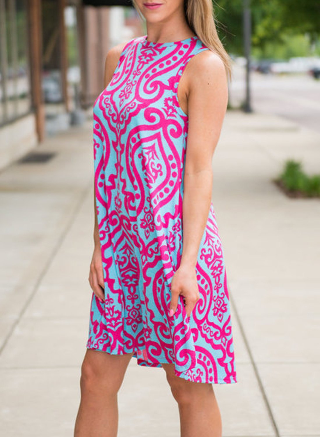 ZESICA Women's Summer Sleeveless Damask Print Pocket Loose TShirt