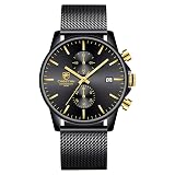 Men’s Watch Fashion Sport Quartz Analog Mesh Stainless Steel Waterproof Chronograph Watches, Auto Date in Gold Hands, Color: Black