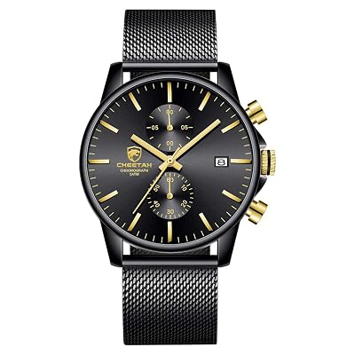 Men’s Watch Fashion Sport Quartz Analog Mesh Stainless Steel Waterproof Chronograph Watches, Auto Date in Gold Hands, Color: Black