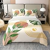 Erosebridal Palm Leaves 100% Natural Cotton Duvet Cover Queen Size Tropical Botanical Plants Comforter Cover for Kids Teens Golden Geometric Stripes Bedding Set Decor Nature Summer Theme Bed Set