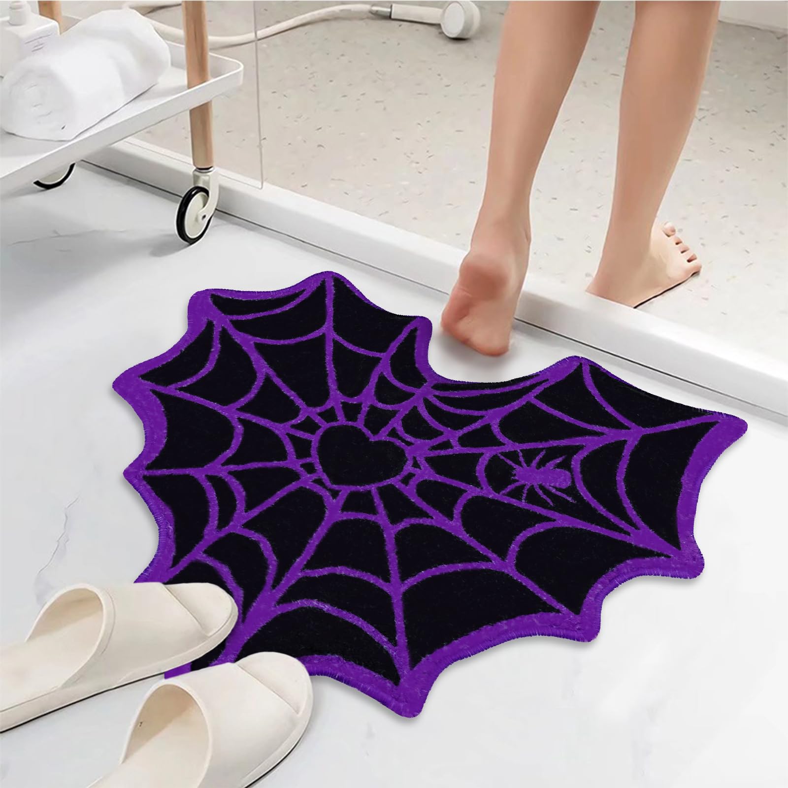 Photo 1 of ysnifeiw Halloween Bathroom Rugs Spider Web Bath Mat, Non-Slip Halloween Purple Spider Bath Rugs Doormat for Halloween Home Decorations