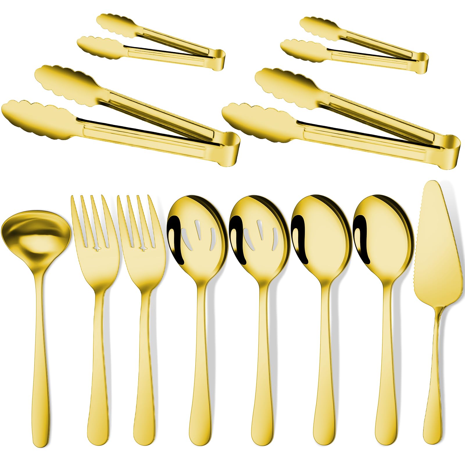 Photo 1 of Gisly Gold 12 Pieces Serving Utensils Include Large Serving Spoons,Slotted Serving Spoons,Serving Forks,Serving Tongs,Appetizers Tongs,Soup Ladle and Pie Cake Server for Buffet Catering