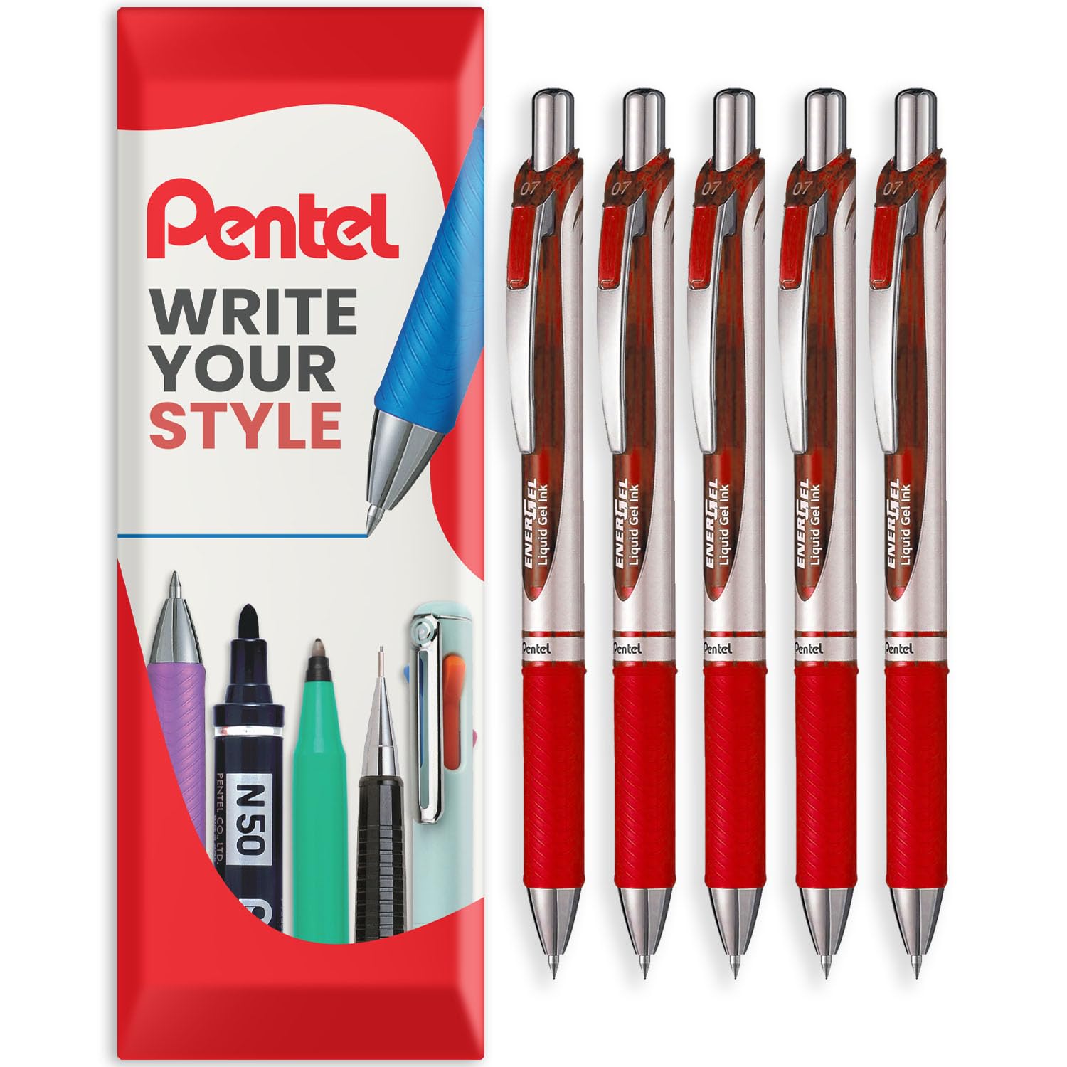 Pentel EnerGel XM BL77 - Retractable Liquid Gel Ink Pen - 0.7mm - 54% Recycled - In Envelope Gift Packaging (Red Pack of 5)