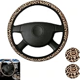 Ypoyney Cheetah Leopard Steering Wheel Cover, 14-15 Inch Anti-Slip Steering Wheel Cover, Breathable Cheetah Car Accessories with 2 Cup Holder Coasters, Auto Interior Decor for Women Men