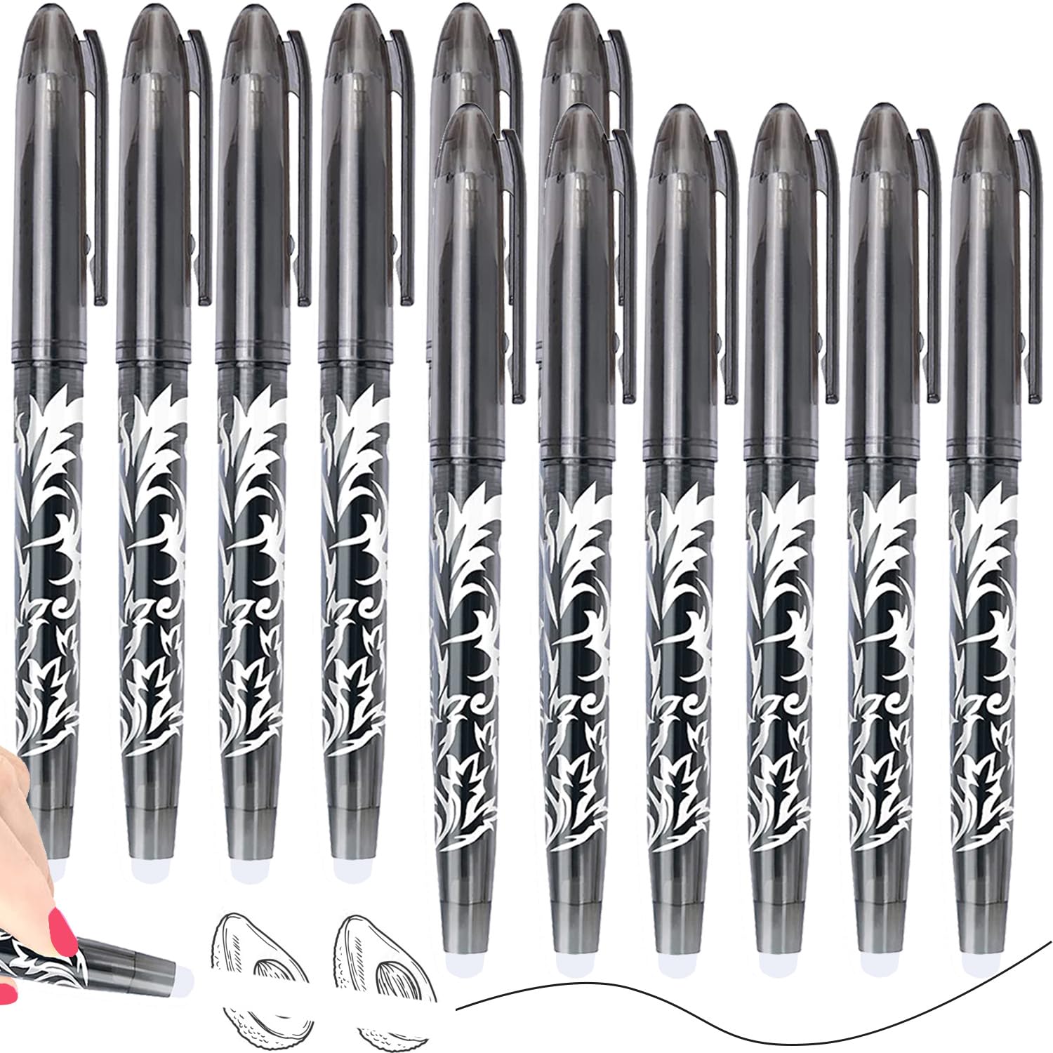 Artbiu 12 Erasable Pens Black Rub Out Pens, Friction Pen that Rub Out, Rubber Pen with Eraser, Erasable Gel Biro