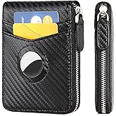 Huztencor AirTag Wallet, Mens Wallet Zipper RFID Slim Leather RFID Credit Card Wallet with Built-in Case Holder for Apple AirTag Carbon Fiber Black