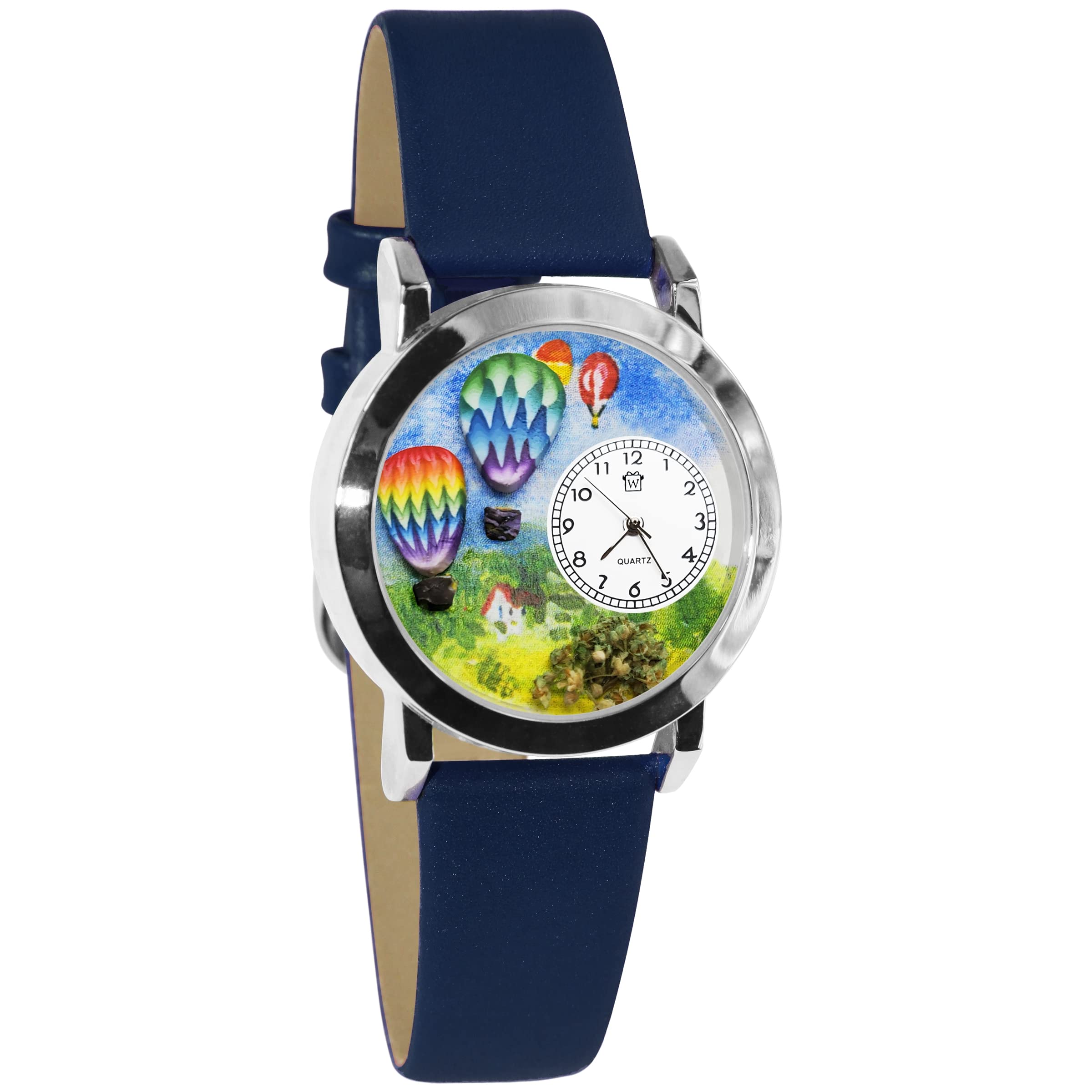 Whimsical Watches Hot Air Ballons Royal Blue Leather and Silvertone Unisex Quartz Watch with White Dial Analogue Display and Multicolour Leather Strap S-1010018