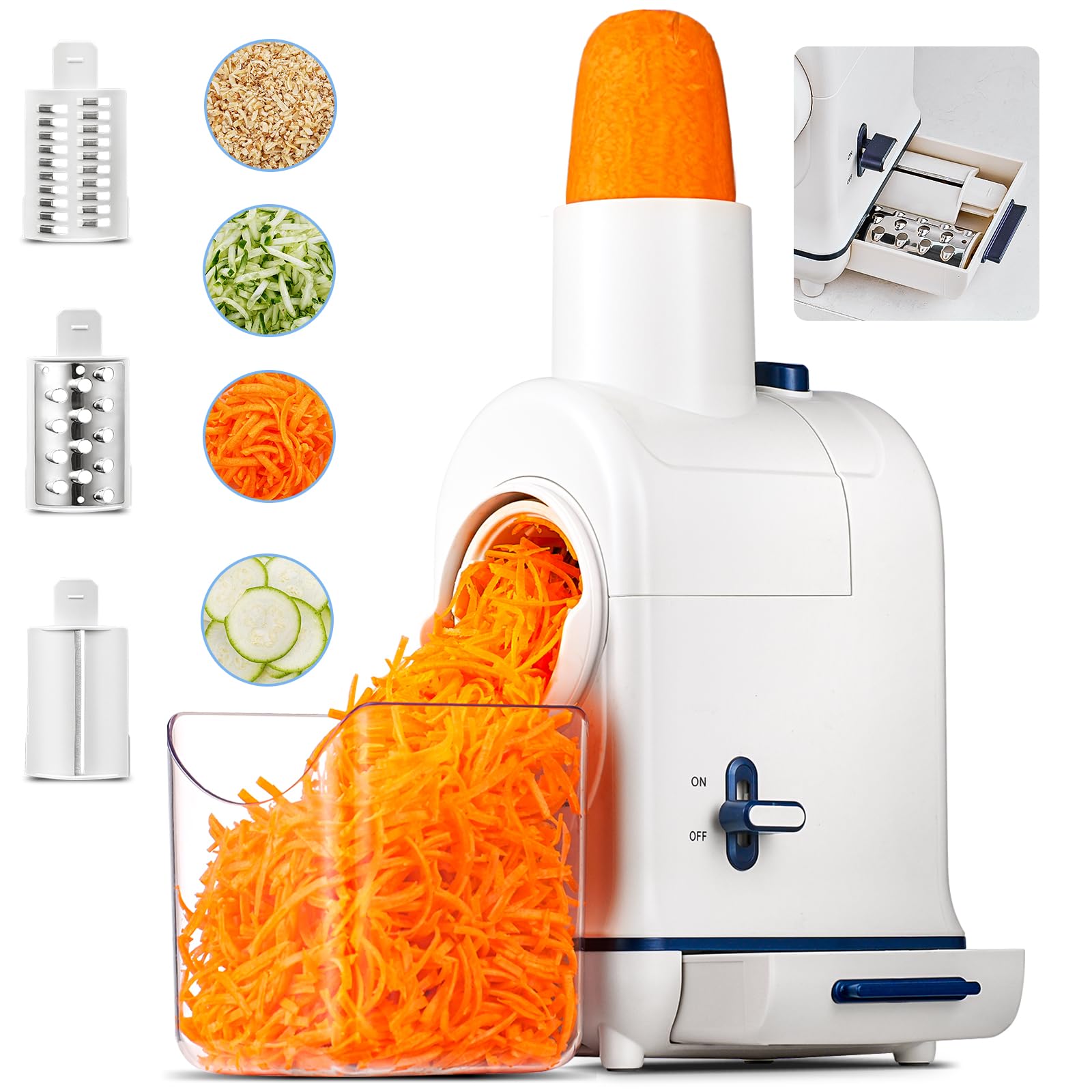 Photo 1 of Electric Cheese Grater, Aobosi Electric Shredder Slicer Salad Grater Maker w/Large Chute for Whole Carrot,Vegetable,Potato, 3 Blades & Quiet Motor, Food Container,Built-in Storage, Great for Kitchen