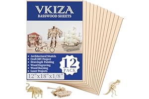 VKIZA 12 Pack Basswood Sheets for Crafts 12x18x1/8 Inch, 3mm Thick Unfinished Plywood for Laser Cutting & Engraving, DIY Ornaments and Architectural Model