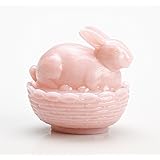 4" Pink Milk Glass Bunny Rabbit on Wooven Nest Covered Dish