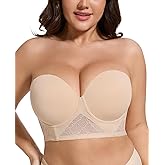 HWDI Strapless Longline Bra for Women Convertible Multiway Lace Corset Lift Up Bras Underwired Plus Size Beige, 42C