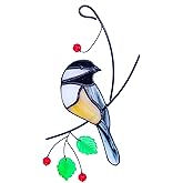Lolitarcrafts Chickadee Stained Glass Suncatcher Bird Stained Glass Window Hangings for Window Decoration