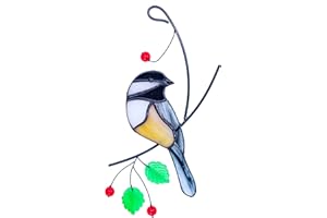 Lolitarcrafts Chickadee Stained Glass Suncatcher Bird Stained Glass Window Hangings for Window Decoration
