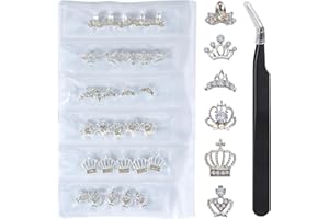 WOKOTO 30 Pcs 3D Alloy Crown Nail Charms For Nail Art 3D Decoration Set Silver Crown Nail Studs Rhinestones Clear Crystals Manicure Jewelry With 1pc Tweezers For Actylic Nails