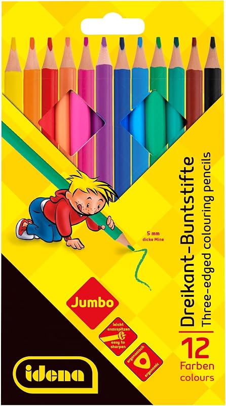 90273 - Jumbo Buntstifte mit 5 mm Dicker Mine in 12 Farben, 3 Packungen mit je 12 Stück holzfreien Farbstiften in ergonomischer Dreiecksform, verpackt im Kartonetui