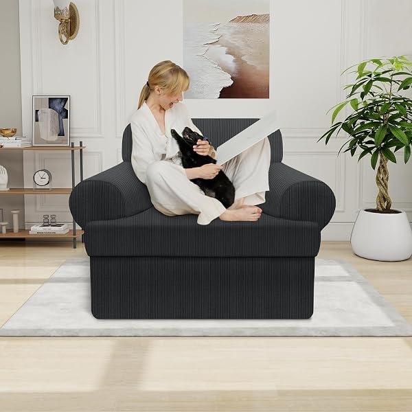 PFRSTUV WATERPROOF CHAIR COVER WITH ARMS 2-PIECE SET STRIPED SLIPCOVER FOR 1 SEPARATE T CUSHION COUCH – TPU FABRIC ARMCHAIR COVERS LEAKPROOF COUCH PROTECTOR FOR KIDS, PETS(CHAIR, DARK GRAY)