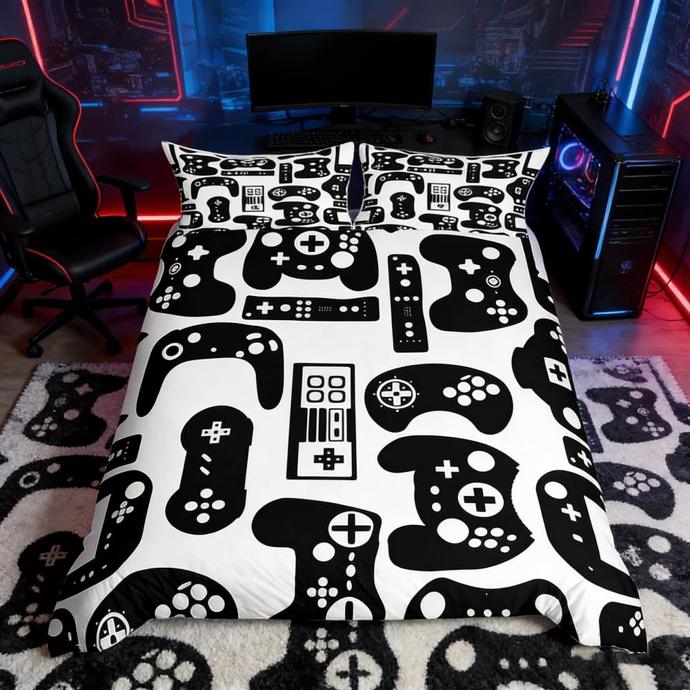 Kids Game Room Decor Bedding Set Single,Boys Man Gamer Duvet Cover,Child Gamepad Comforter Cover Girls Pixel Vintage Videogame Controller Design,Bedroom with 1 Pillow Shams Buttons,Black White