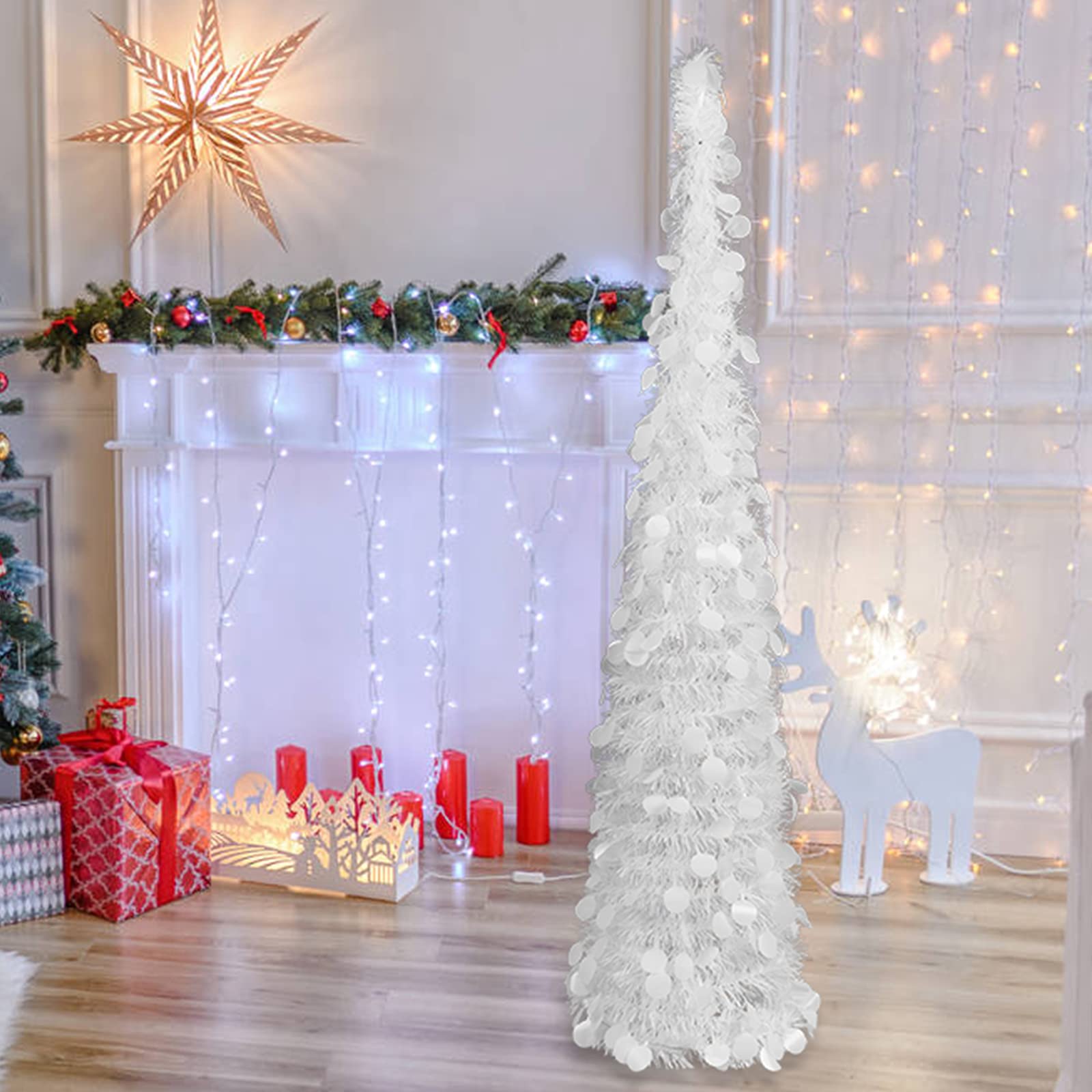 Aqlithle 5ft Pop Up White Tinsel Artificial Christmas Tree, Cost Effective, Space Saving, Easy to Set Up and Store, Perfect for Holiday Decor