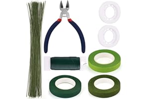 GLAMFIELDS Floral Arrangement Kit with Cutter, 5 Rolls 1/2" Wide Floral Tapes, 100 pcs 26 Gauge Floral Stem Wire, 1 Roll 22 Gauge Floral Wire for Bouquet Stem Wrapping and Floral Crafts
