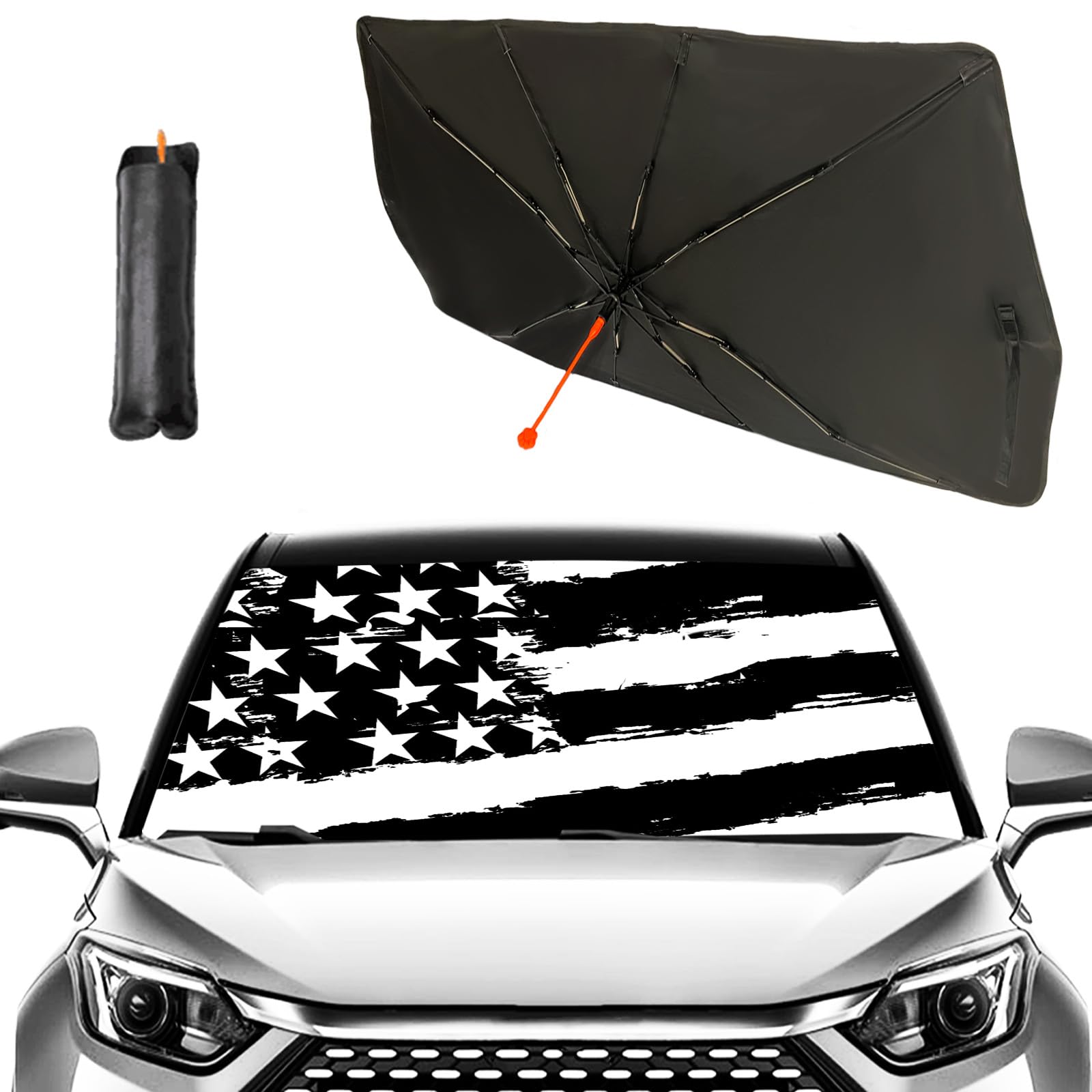 Photo 1 of Socira American Flag Car Windshield Sunshade Umbrella Foldable Black Umbrella Sun Shade Cover Patriotic Sunshade Front Window Cover Interior Blocks Uv Rays Keeps Cool (57" X 30")
