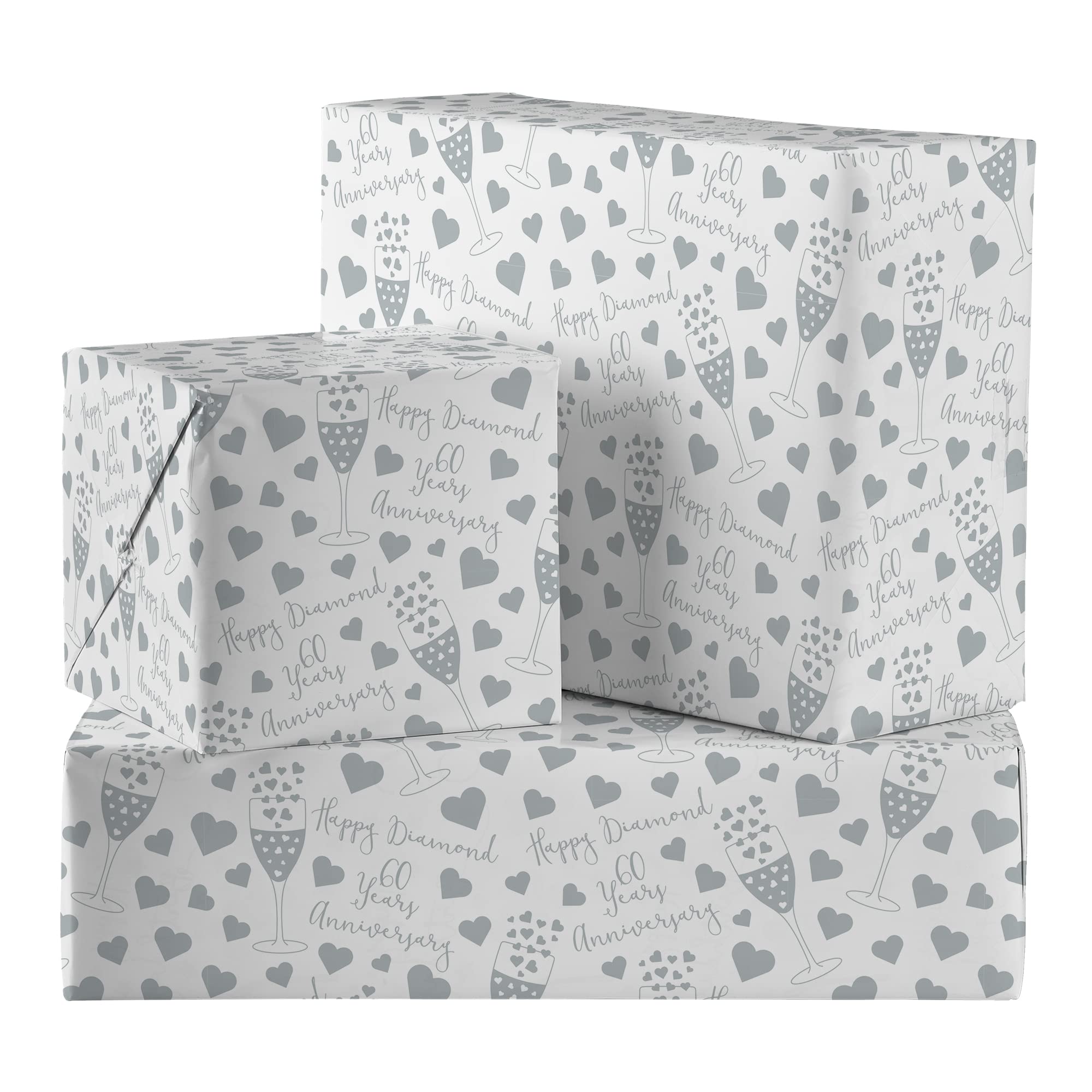 Hunts England - 2 Sheets Of 60th Diamond Wedding Anniversary Luxury Wrapping Paper - Includes 2 Gift Tags - Iconic Collection - For Husband, Wife, Couple, Friends, etc. - 60 Years